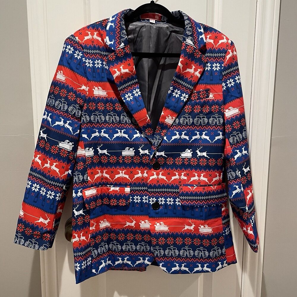 Men's Ugly Christmas Blazer And Tie Size Small NWOT Beer Deer Santa Print